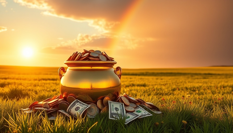 Pot of gold coins and dollar bills under a rainbow symbolizing reaching millionaire milestones.