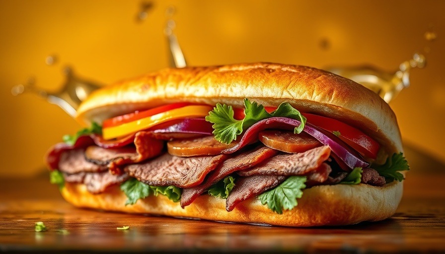 Portillo's sub sandwich with roast beef and vegetables, golden background.