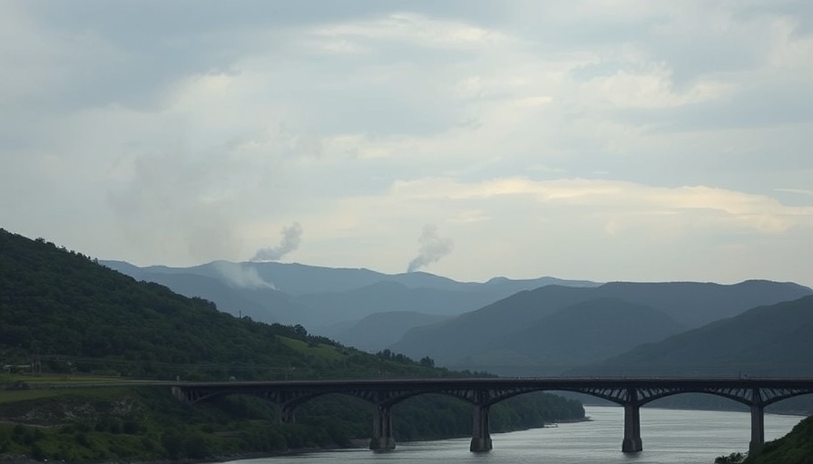 Smoke plumes over hills hinting at conflict, serene landscape with bridge.