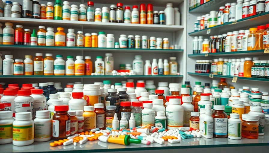 Assorted medicine bottles and tablets on pharmacy counter, No Medicine Shortage.