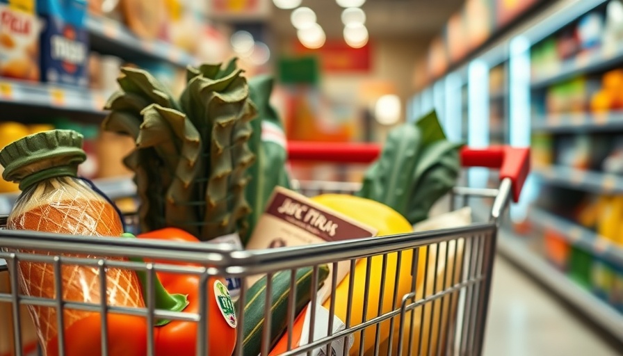 Grocery cart with diverse food items in a supermarket aisle.