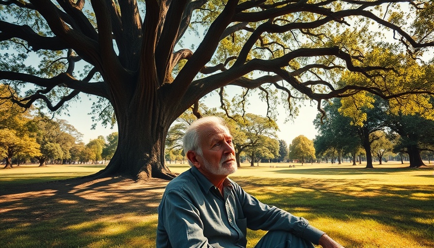 Older man pondering retirement under a tree in a park setting.