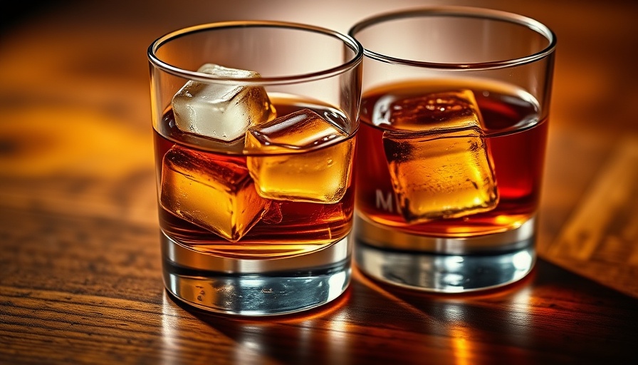 Close-up of whiskey glasses with ice on a wooden surface.