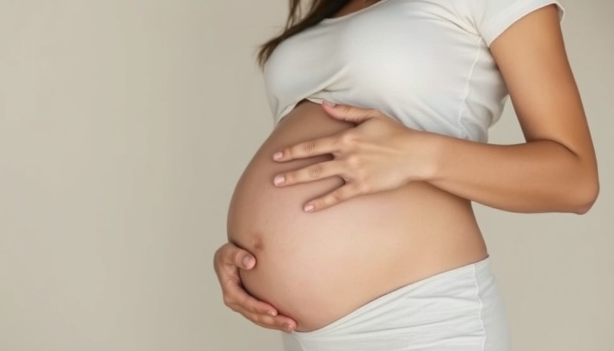 Pregnant woman cradling belly in blue shirt, calm setting.