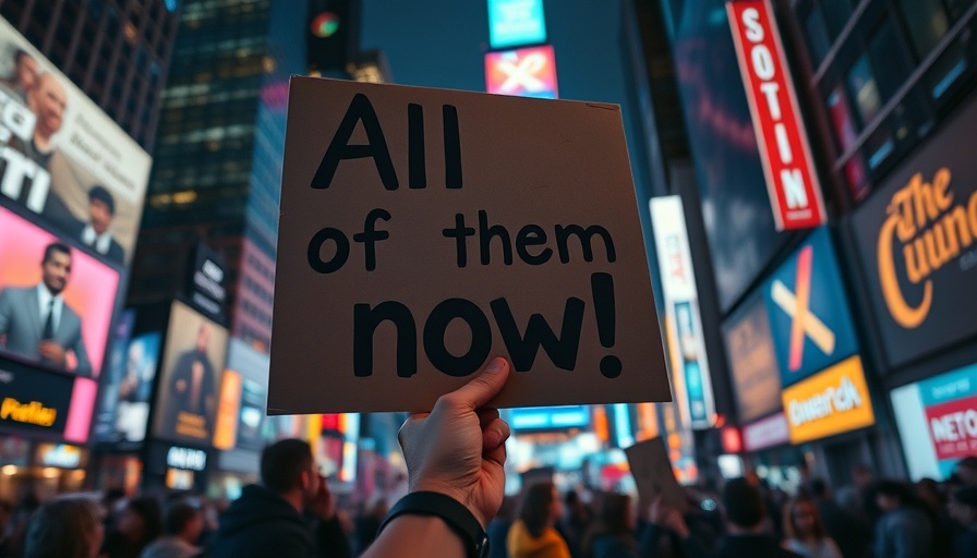 Vibrant protest sign in city night scene urging immediate action.
