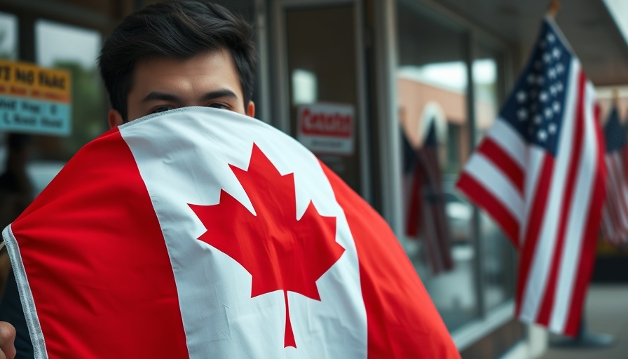 Canadian flag held by person outside store, reflecting tourism impact.