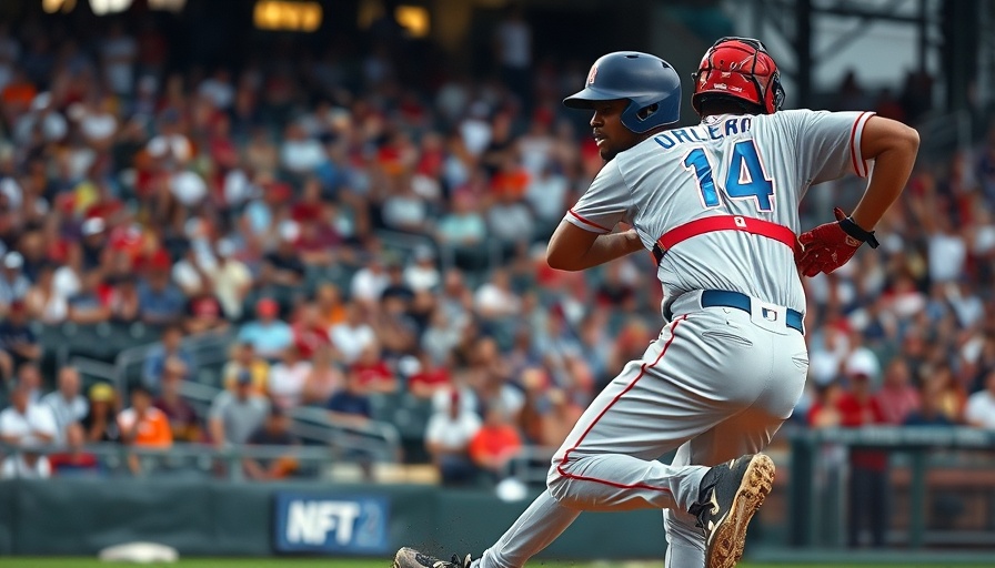 Baseball player running past catcher in intense game moment.