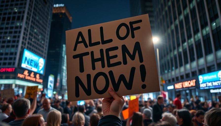 Protest sign in city demanding hostages' release at night.