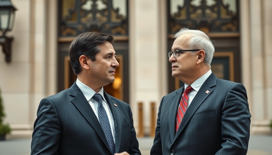 Two diplomats discussing US-China trade talks progress outdoors.
