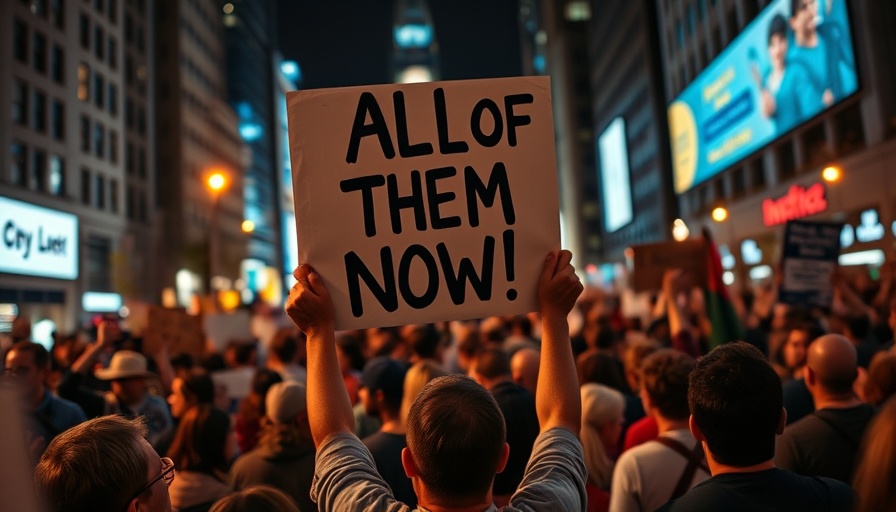 Protest sign reading 'ALL OF THEM NOW!' at a night rally for hostage release.