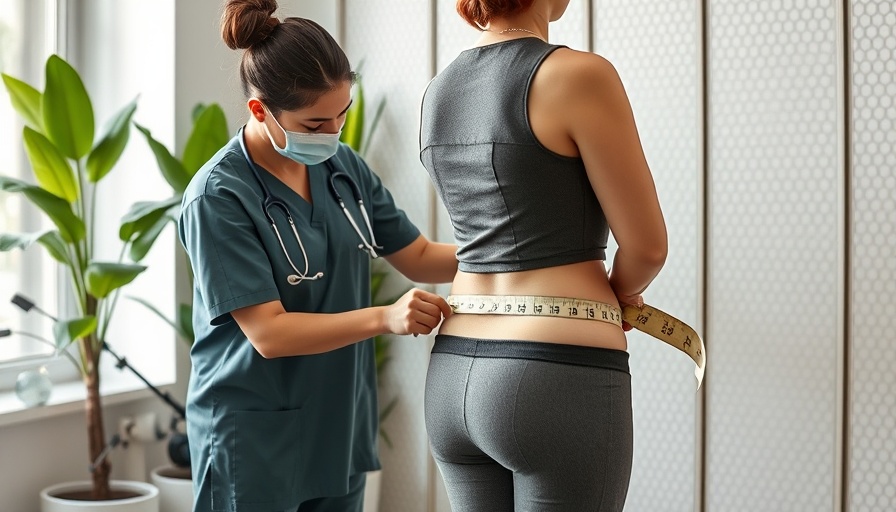 Healthcare professional measuring a woman's waist at a medical office, emphasizing the risk factors of higher BMI and low insulin sensitivity related to stroke.