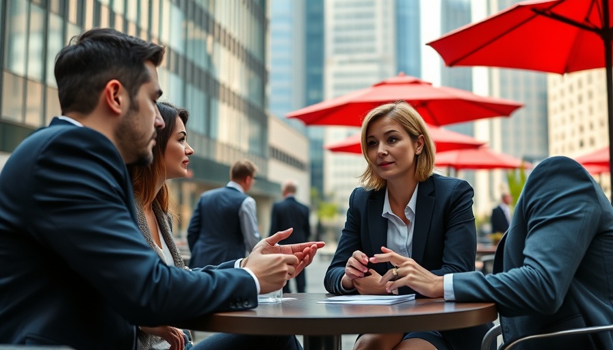 Business professionals meeting outdoors, discussing plans.
