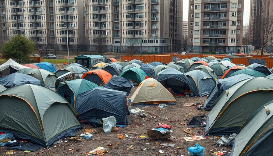 Homeless encampment in urban California with tents and debris.