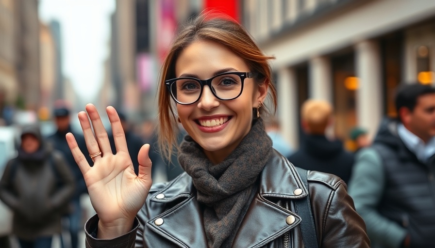 Stylish woman with glasses in a leather jacket smiling and waving.