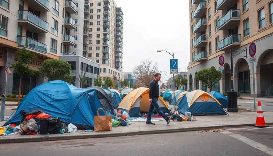 California homelessness encampment with tents and urban backdrop