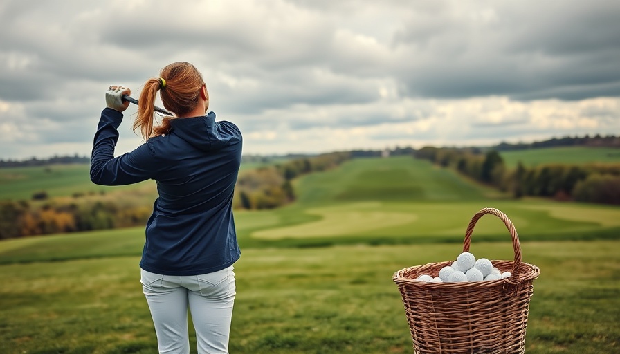 Woman playing golf next to basket of balls on grassy range.