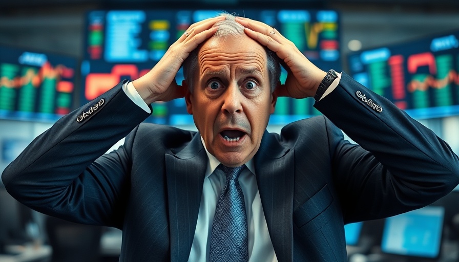 Shocked man in office during stock market correction, overcome fear.