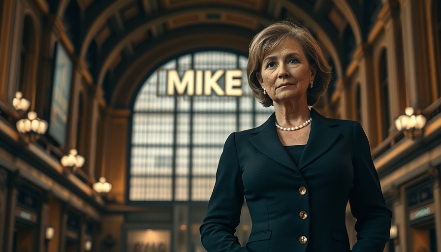 Middle-aged woman in historic interior with MKE sign, warm lighting.