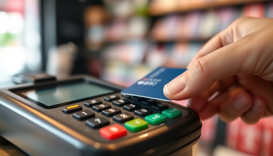 Swiping credit card at terminal, highlighting inflation and tariffs impact.