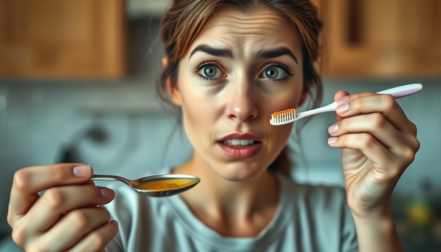 Woman weighing options between oil pulling and brushing teeth in kitchen.