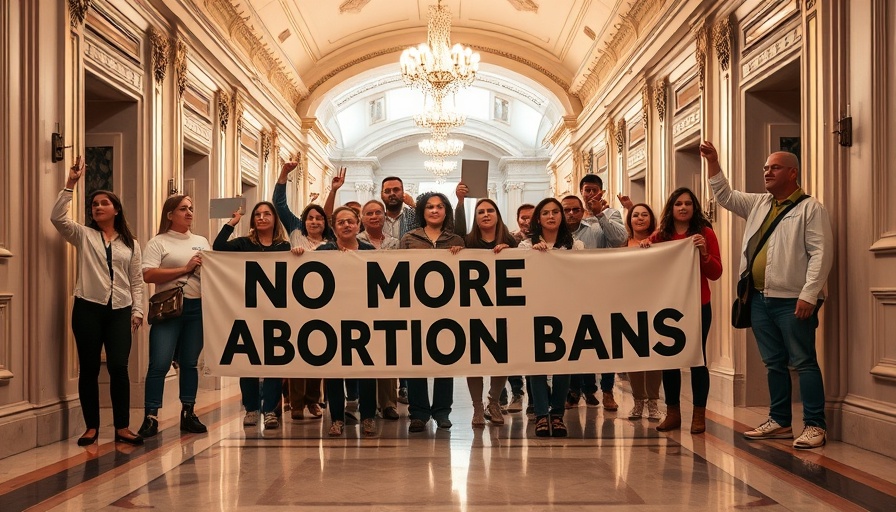 Protesters in hallway with banner opposing abortion bans.