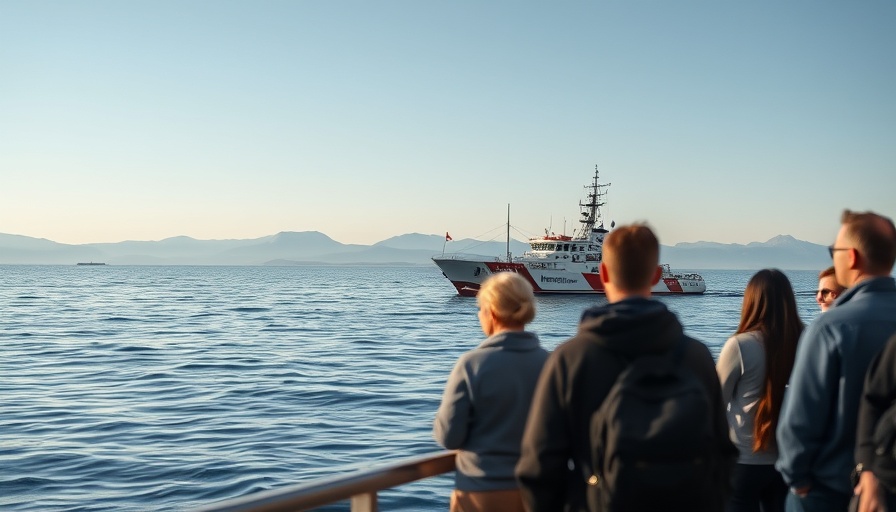 People observing coast guard ship patrolling waters, vulnerabilities of luxury yachts in focus.