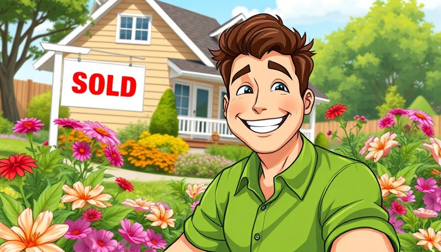 Cheerful man after selling property, vibrant garden with sold sign.