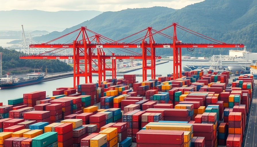 Relocating Supply Chains with Tariffs: Busy shipping port with stacked containers and cranes.