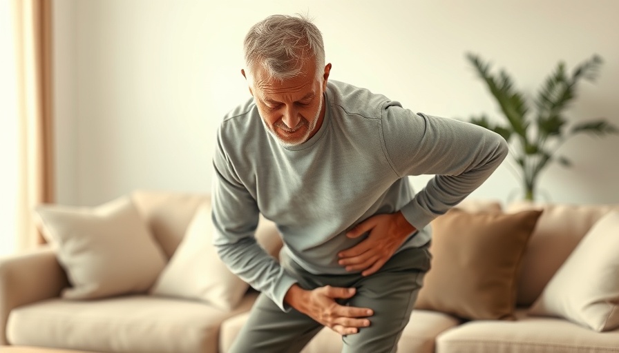 Middle-aged man with early knee damage in 30s sitting on a couch.