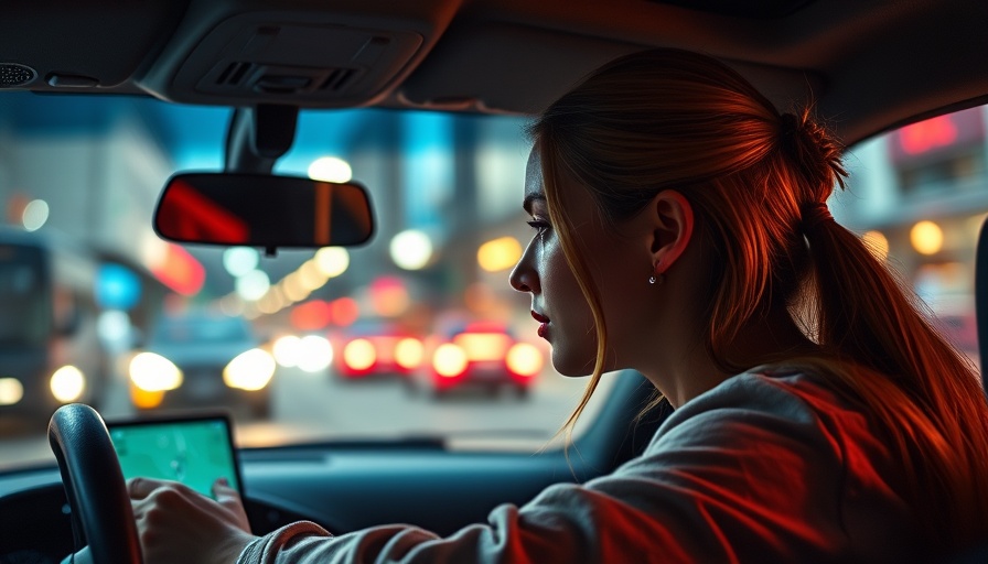 Woman driving with GPS, city street view, lower your car insurance rates.