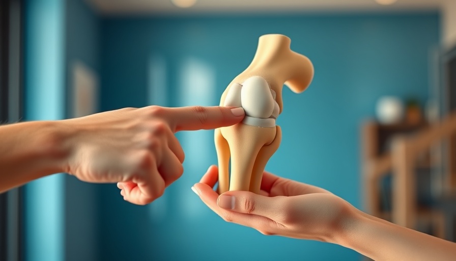 Hand pointing at knee model for customizable hydrogel meniscus injury treatment.