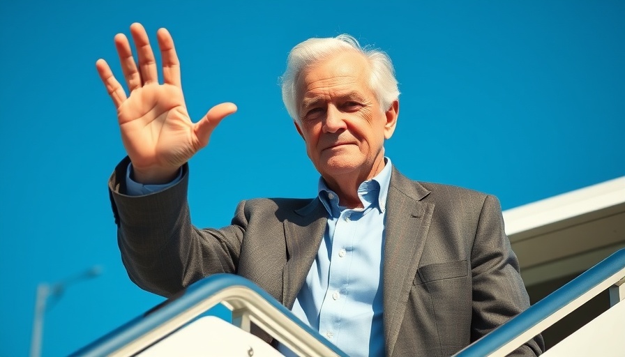 A man in a suit waves from an airplane, symbolizing diplomacy and economic issues.