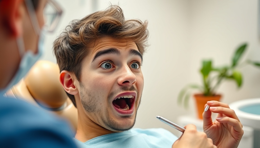 Surprised young man at dentist experiencing gauze confusion.