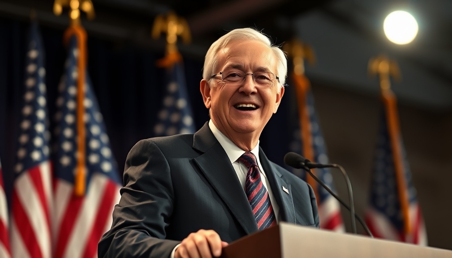Elderly man speaking at podium with American flags.