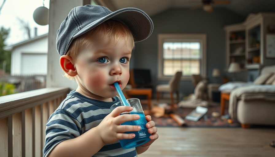 Kentucky toddler sipping drink with tornado aftermath debris.