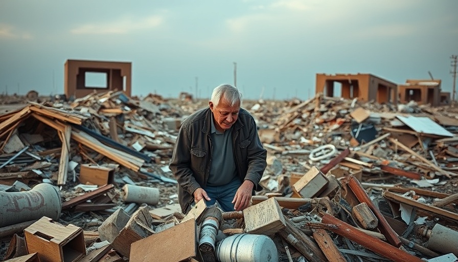 Tornado destruction in central US showcasing resilient man's effort among debris.