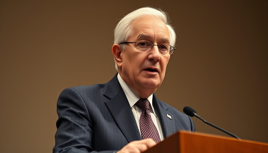 Formal figure speaking at a podium amid investigation context.