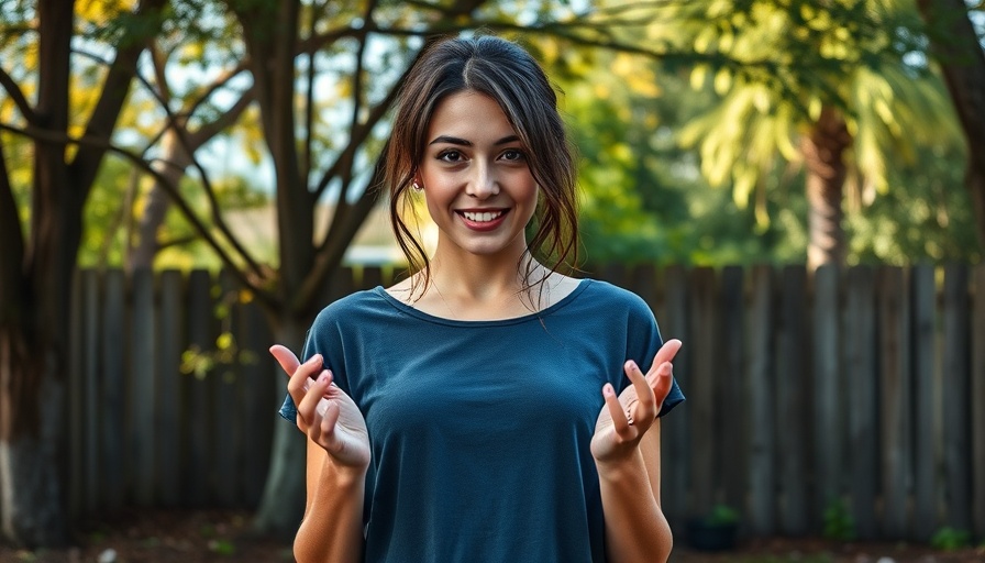 Young woman in backyard setting with trees and fence.