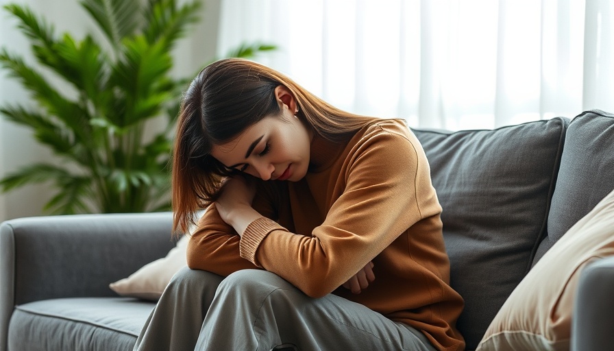 Young woman experiencing depressive symptoms on sofa, linking to calorie restriction.