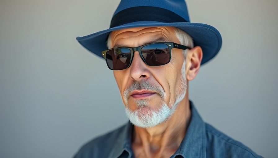 Middle-aged man in a blue hat and sunglasses, focused look.