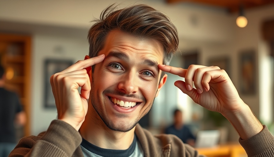 Young man explaining causes of dark circles around the eyes, indoor setting.