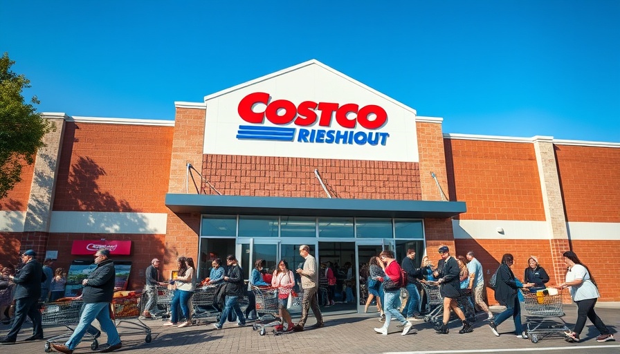 Shoppers outside a Costco store entrance under a blue sky.