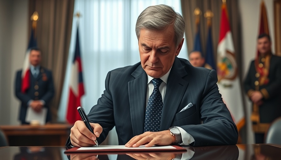 Man in office signing a document on nuclear energy research.