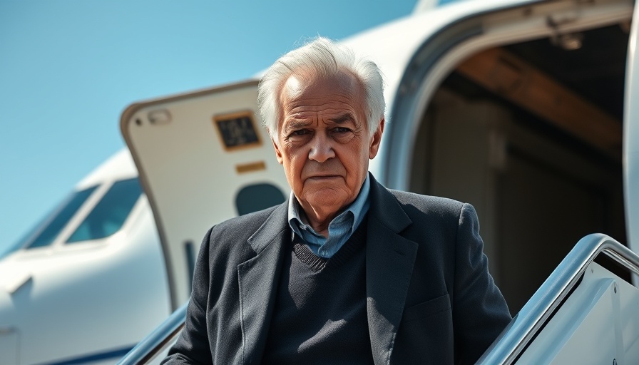 Distinguished man exiting plane confidently in sunlight, aviation background.