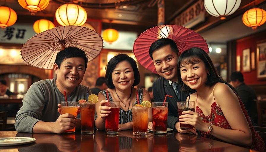 Vintage family photo at Oriental Wok bar with drinks.