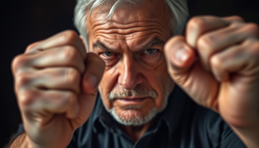 Determined older man with fist raised, expressing seriousness in photorealistic style.