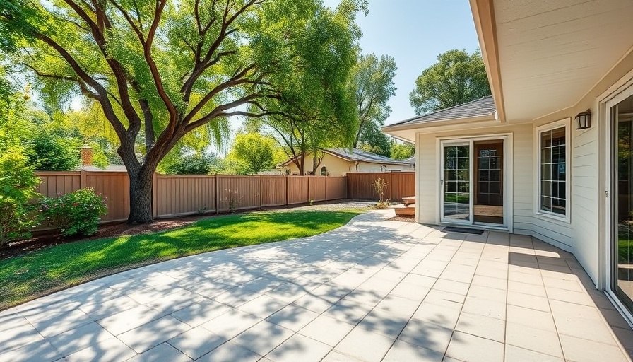 Newly renovated backyard with tree and patio.