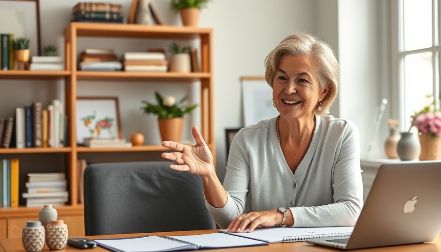 Middle-aged woman discussing mortgage fraud awareness in a home office.