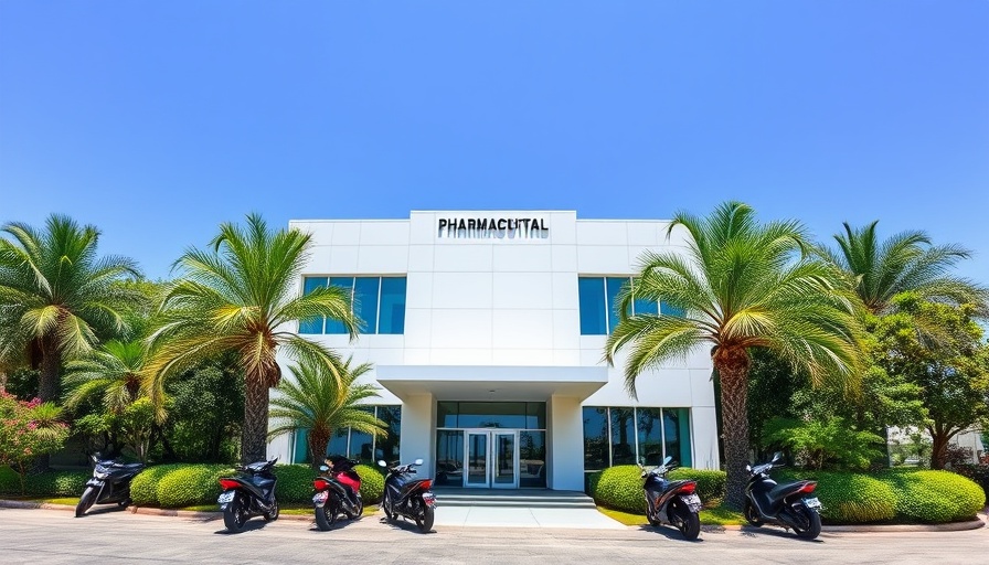 Macleods Pharmaceuticals building, motorcycles parked out front, sunny day.