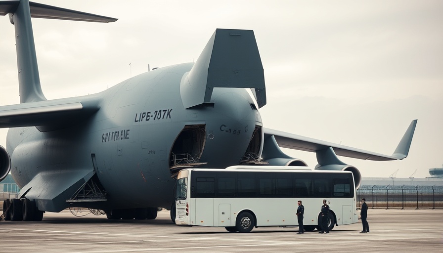 Military aircraft and bus at airport as part of deportation process.